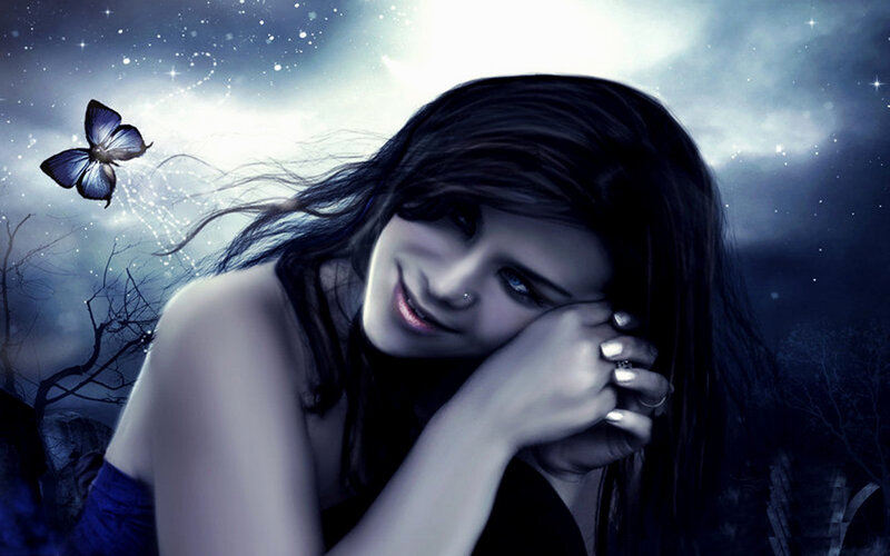 woman with butterfly at night