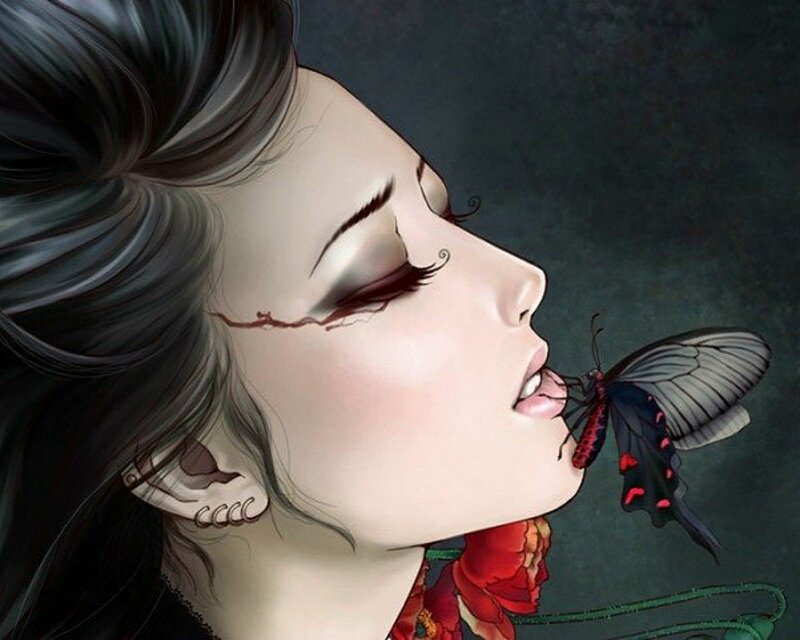 Woman with Butterfly — Black, Dramatic, Digital Art, Flower