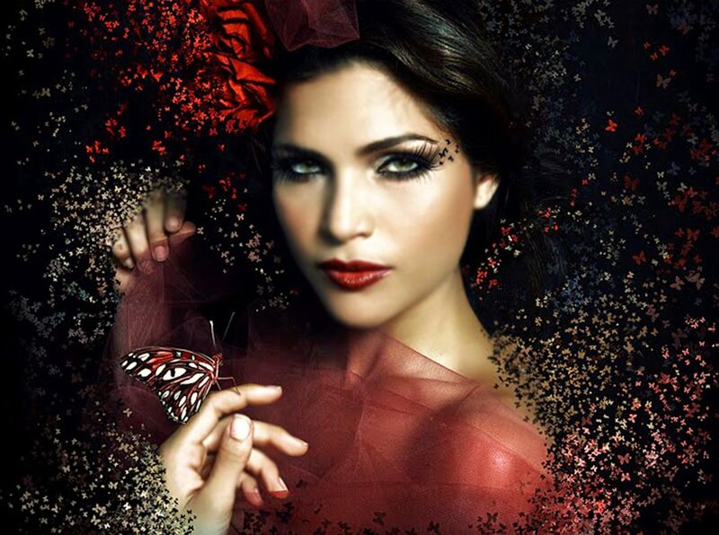 Woman with Butterfly — Black, Dramatic, Digital Art, Red Flower