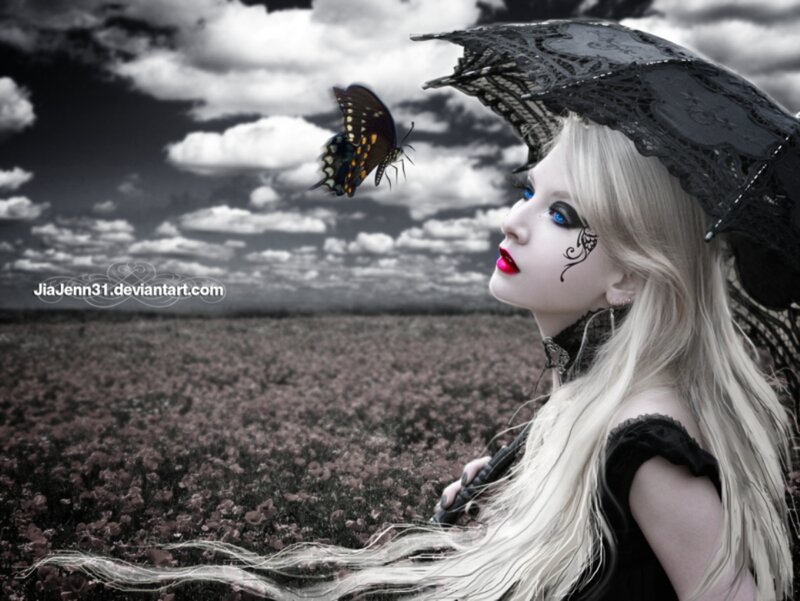 Woman with Butterfly — Black, Dramatic, Digital Art, Umbrella