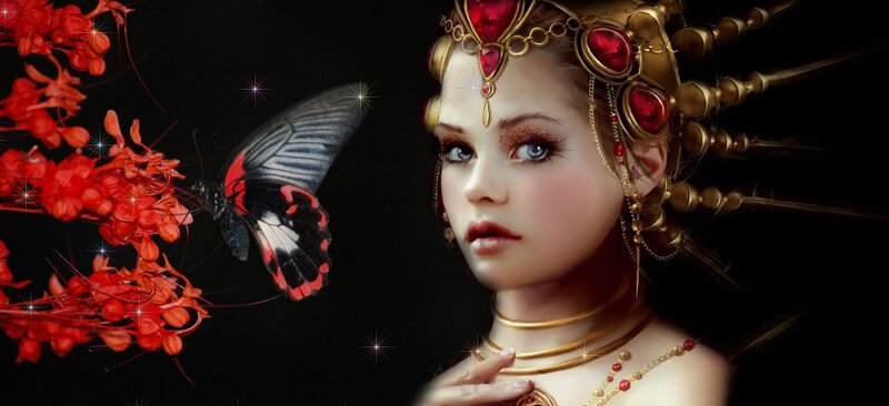 Woman with Butterfly — Black, Dramatic, Night, Digital Art