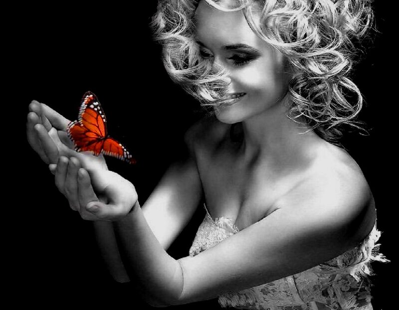Woman with Butterfly — Black, Dramatic, Photograph, Curly Hair