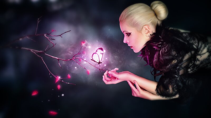 Woman with Butterfly — Black, Dreamy, Night, Digital Art
