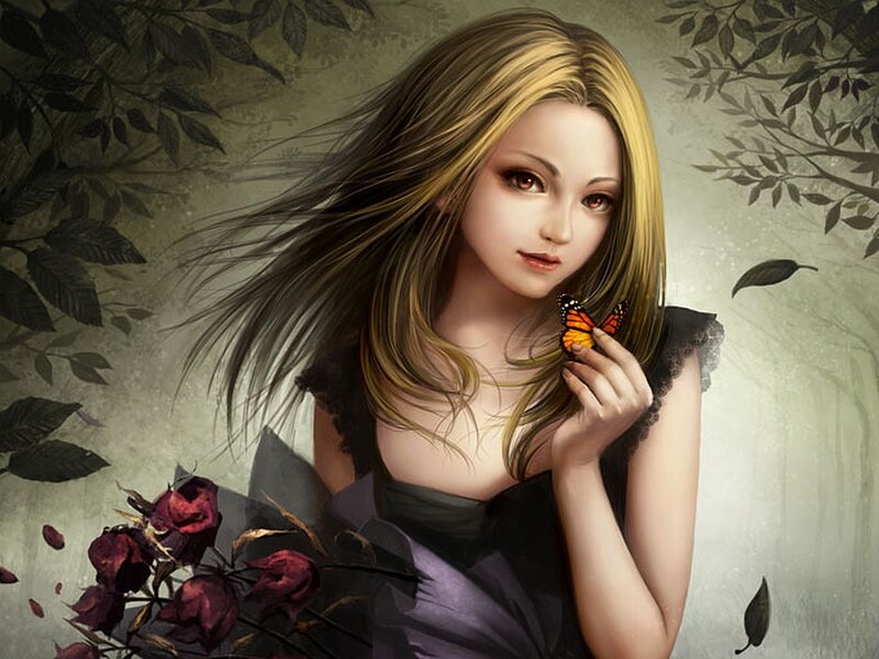 Woman with Butterfly — Black, Serene, Digital Art, Flowers