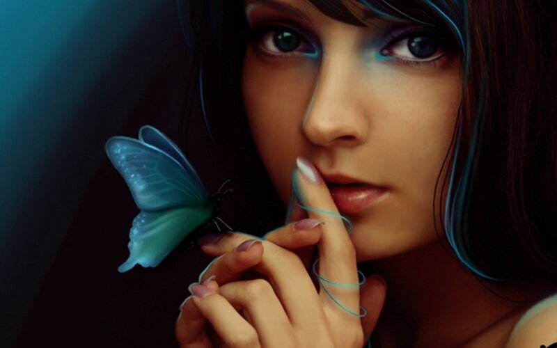Woman with Butterfly — Blue, Dramatic, Digital Art, Hand