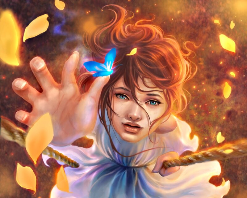 Woman with Butterfly — Blue, Dramatic, Digital Art, Rope