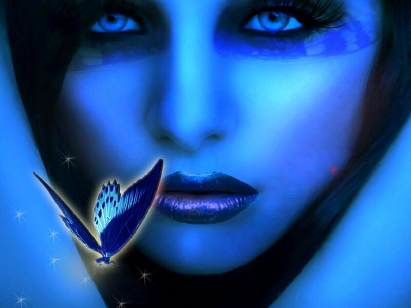 Woman with Butterfly — Blue, Dramatic, Digital Art, Sparkles