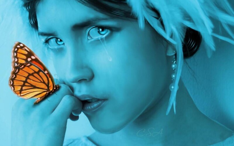 Woman with Butterfly — Blue, Dramatic, Digital Art, Tear