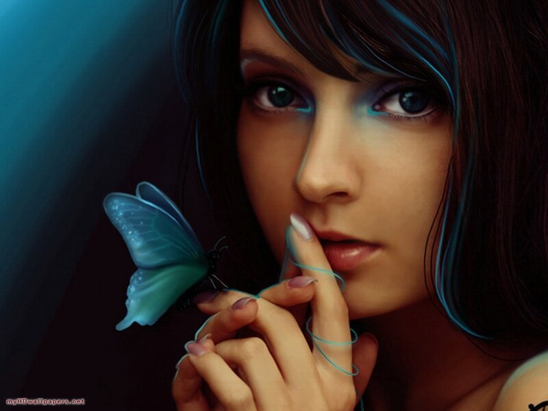 Woman with Butterfly — Blue, Dramatic, Digital Art