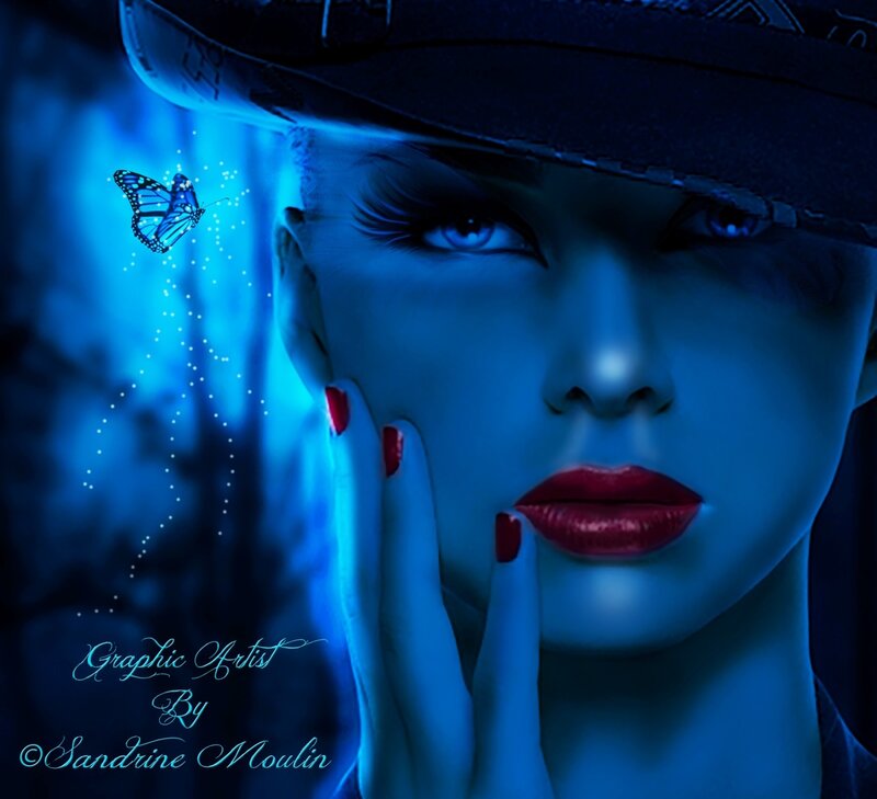Woman with Butterfly — Blue, Dramatic, Night, Digital Art, Hat