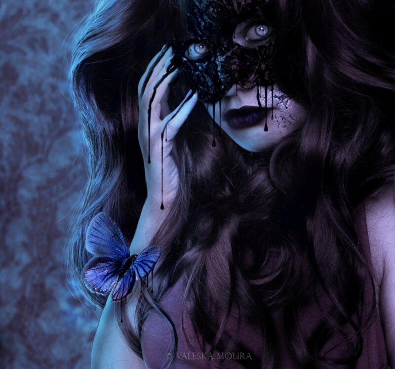 Woman with Butterfly — Blue, Dramatic, Night, Digital Art