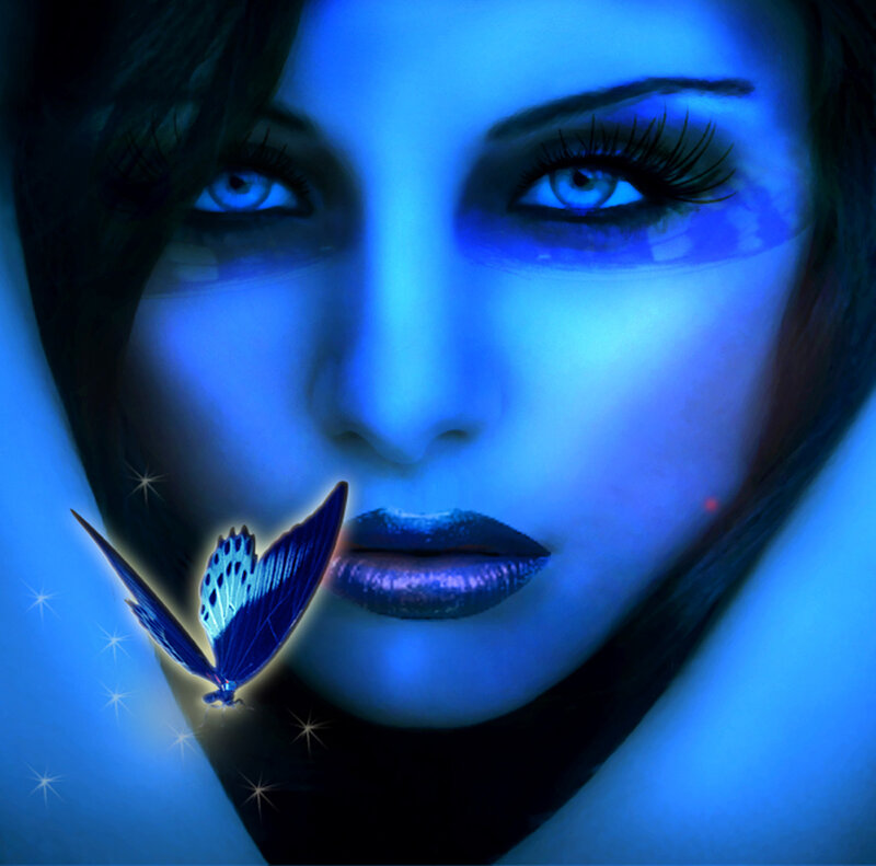 Woman with Butterfly — Blue, Dramatic, Night