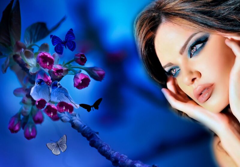 Woman with Butterfly — Blue, Dreamy, Night, Digital Art, Flower
