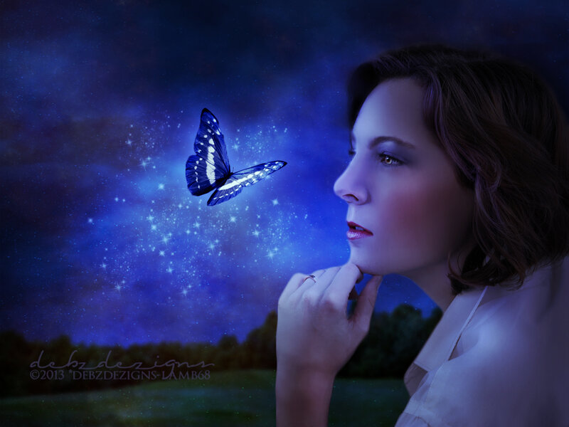 Woman with Butterfly — Blue, Dreamy, Night, Digital Art, Stars