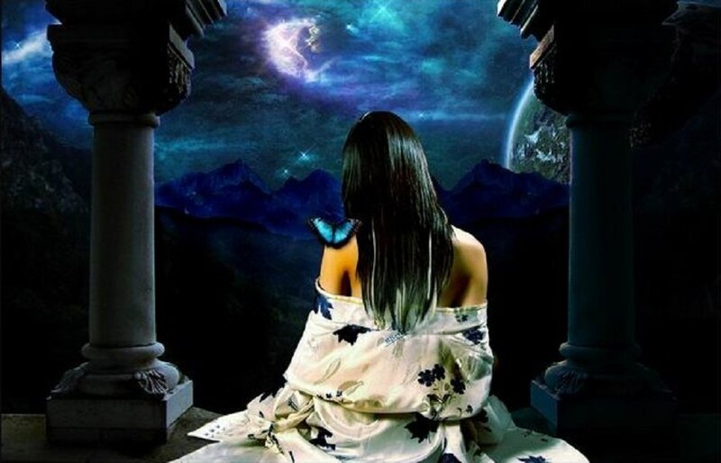 Woman with Butterfly — Blue, Dreamy