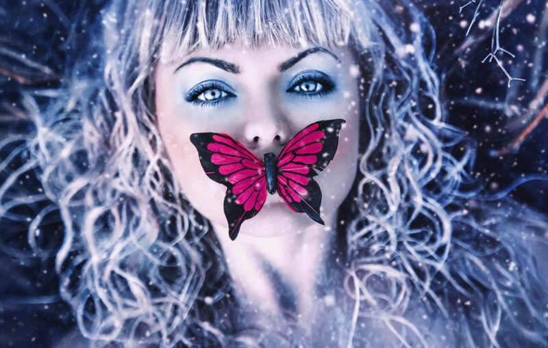 Woman with Butterfly — Blue, Dreamy, Winter