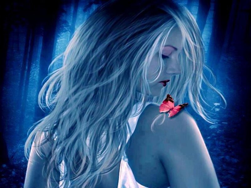 Woman with Butterfly — Blue, Mysterious, Night