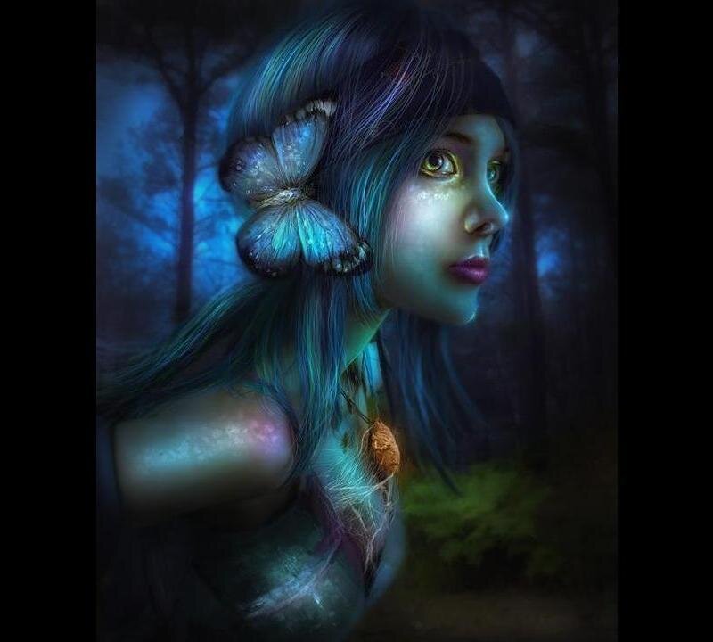 Woman with Butterfly — Blue, Mysterious
