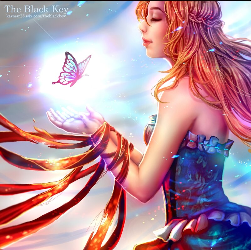 Woman with Butterfly — Blue, Serene, Digital Art, Dress