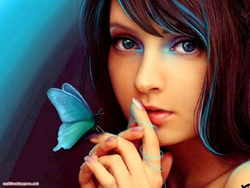Woman with Butterfly — Blue, Serene, Digital Art, Hand