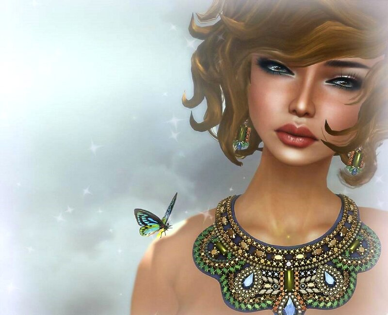 Woman with Butterfly — Blue, Serene, Digital Art, Necklace