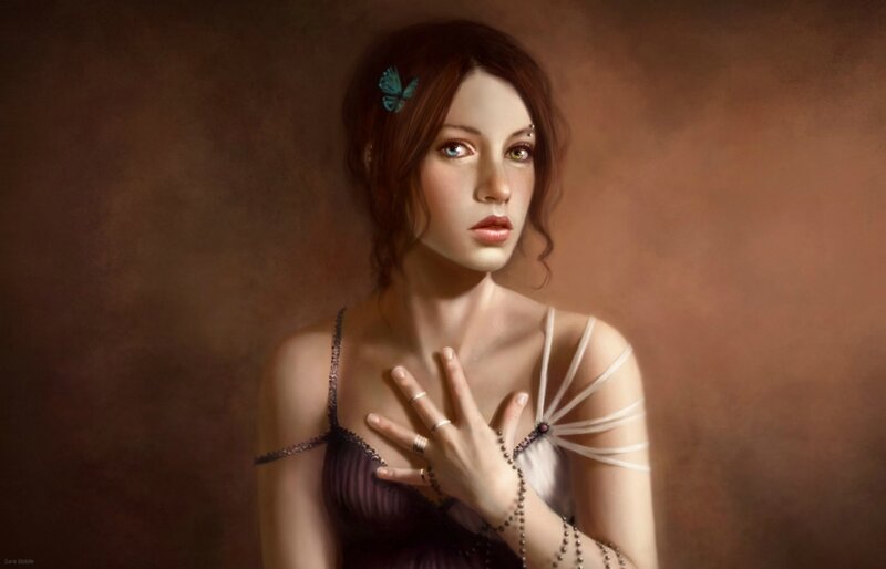 Woman with Butterfly — Brown, Dramatic, Digital Art, Rings, Beads
