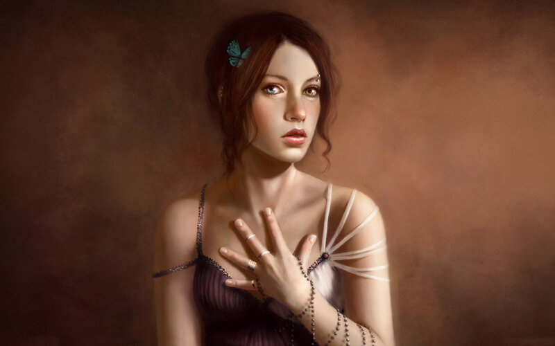 Woman with Butterfly — Brown, Dramatic, Digital Art, Rings