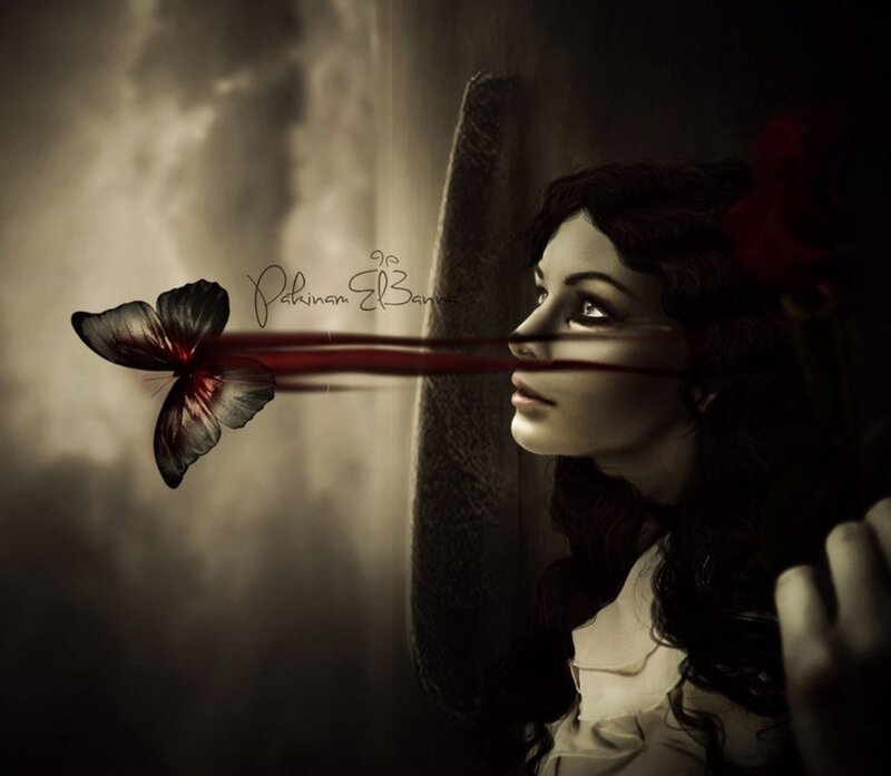 Woman with Butterfly — Brown, Dramatic, Digital Art, Rose