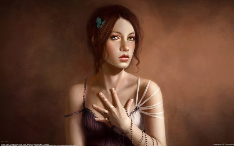 Woman with Butterfly — Brown, Dramatic, Digital Art