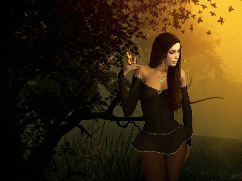 Woman with Butterfly — Brown, Serene, Sunset