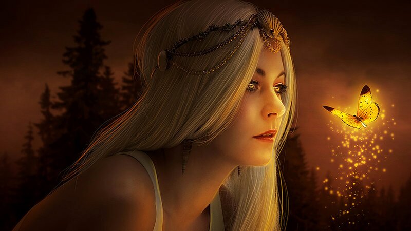 Woman with Butterfly — Gold, Serene, Sunset, Digital Art