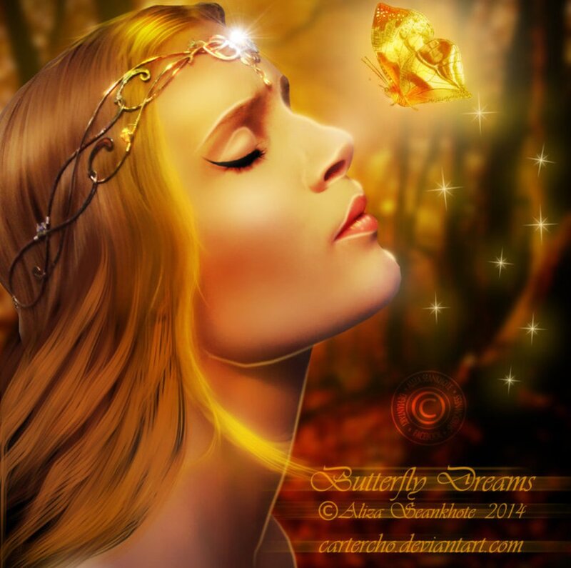 Woman with Butterfly — Gold, Serene, Sunset