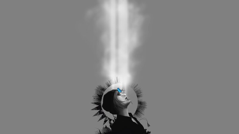 Woman with Butterfly — Gray, Dramatic, Digital Art, Light Beam