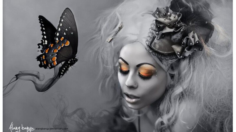Woman with Butterfly — Gray, Dramatic, Digital Art, Smoke