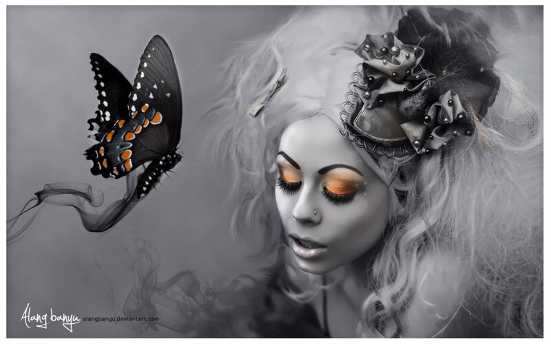 Woman with Butterfly — Gray, Dramatic, Digital Art