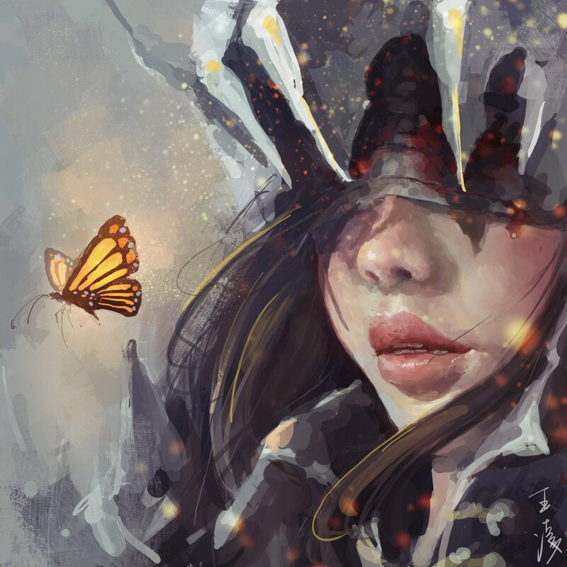 Woman with Butterfly — Gray, Dreamy