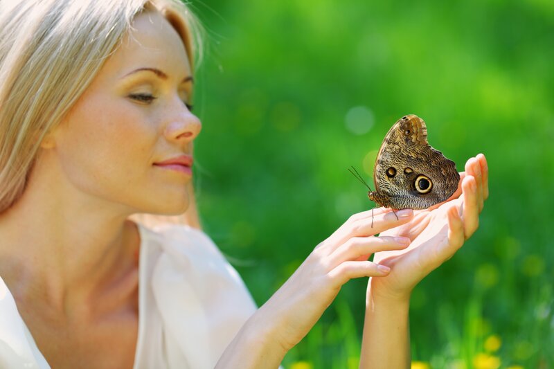 Woman with Butterfly — Green, Serene, Afternoon, Photograph, Hand