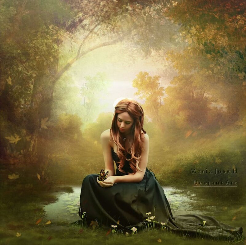 Woman with Butterfly — Green, Serene, Autumn, Digital Art