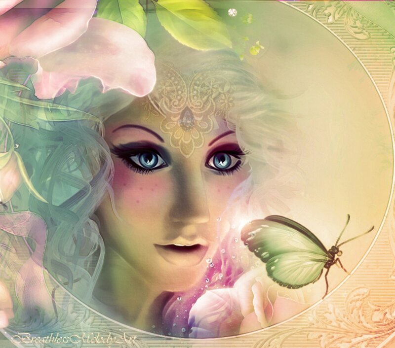 Woman with Butterfly — Green, Serene, Digital Art, Flower