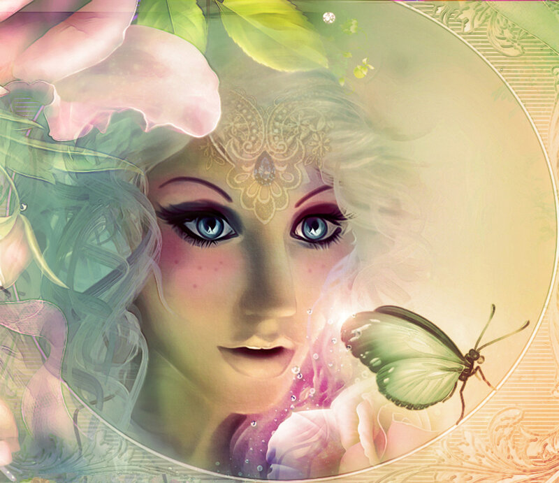 Woman with Butterfly — Green, Serene, Digital Art, Flowers