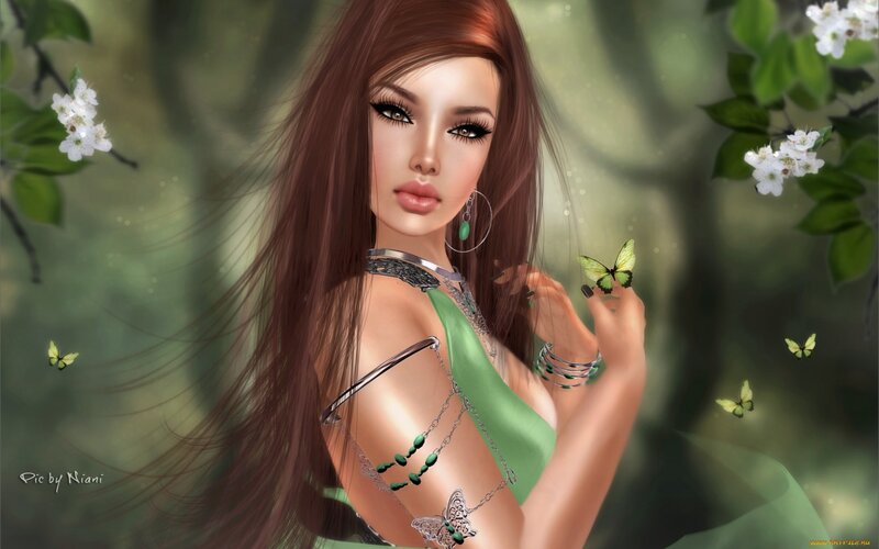 Woman with Butterfly — Green, Serene, Spring, Digital Art, Flowers