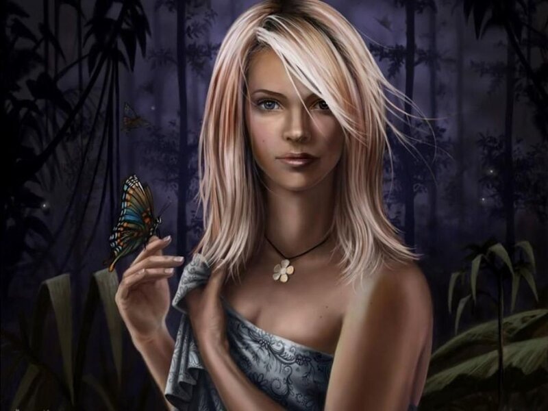 woman with butterfly in forest