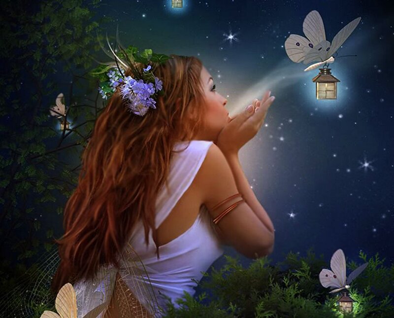 Woman with Butterfly Lantern — Blue