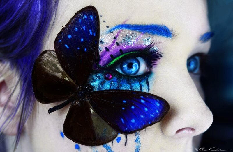 Woman with Butterfly Makeup — Blue, Dramatic, Photograph