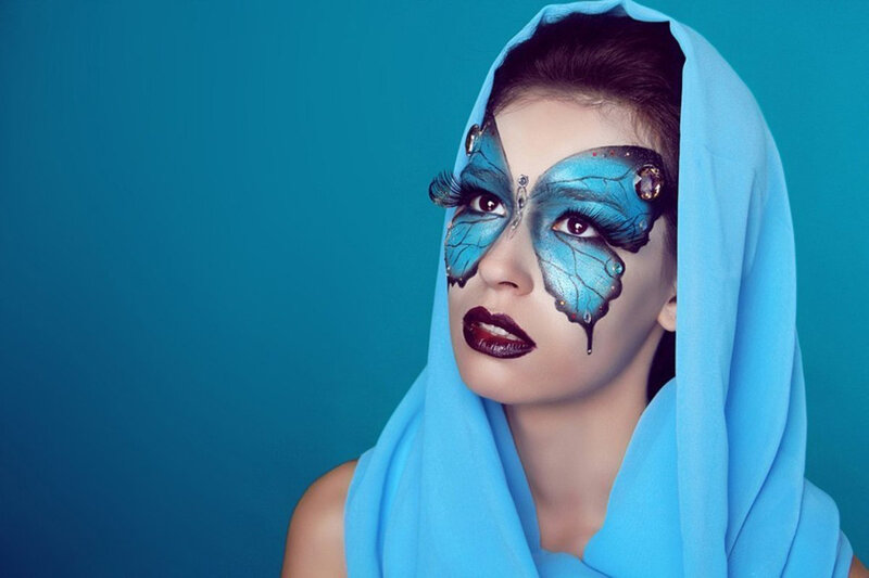 Woman with Butterfly Makeup — Blue, Dramatic, Photograph, Veil
