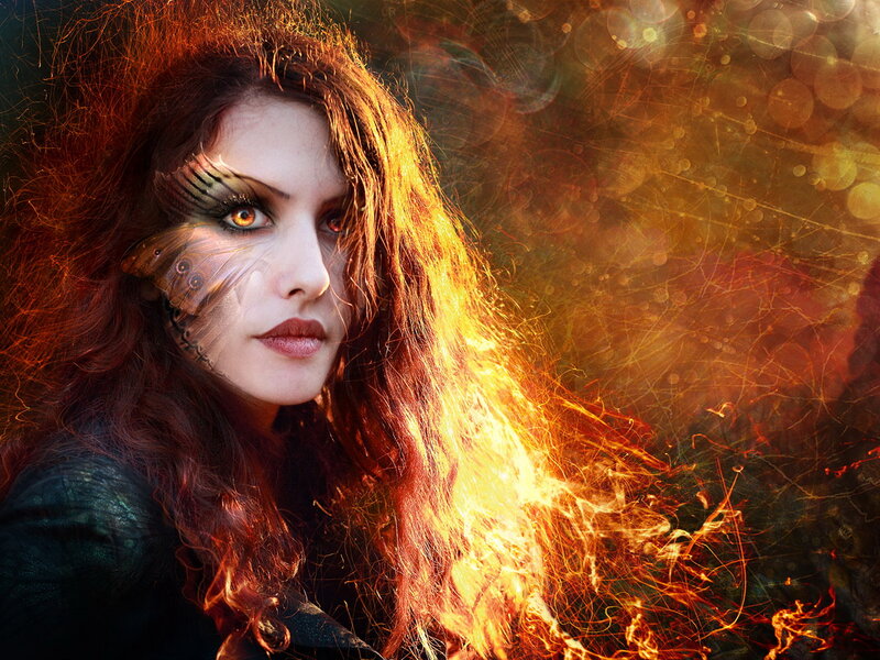 Woman with Butterfly Makeup — Red, Dramatic, Digital Art, Fire