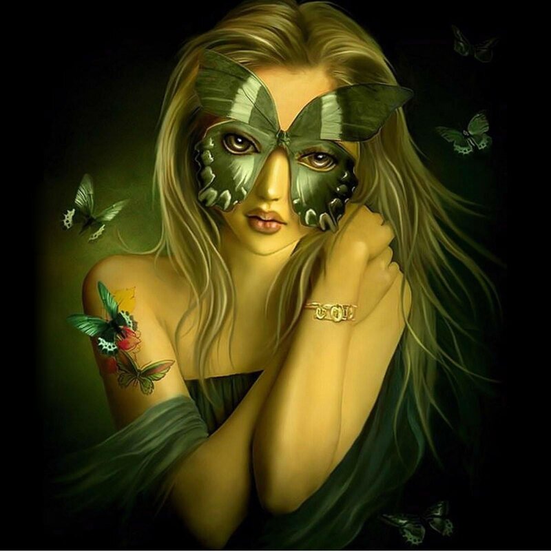 Woman with Butterfly Mask — Green, Dramatic, Night