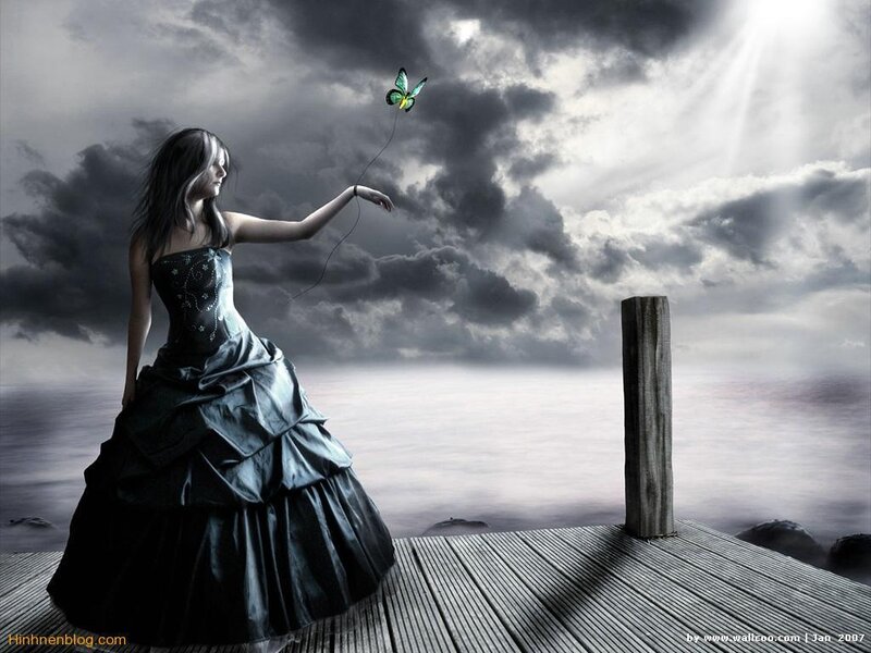 Woman with butterfly on pier