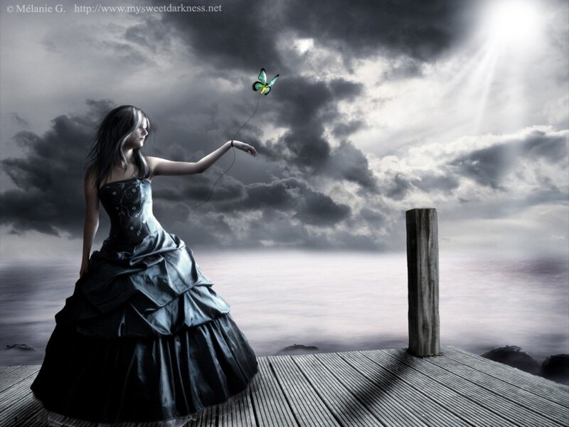 woman with butterfly on pier