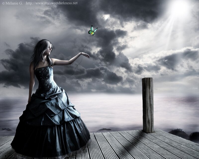 Woman with butterfly on pier